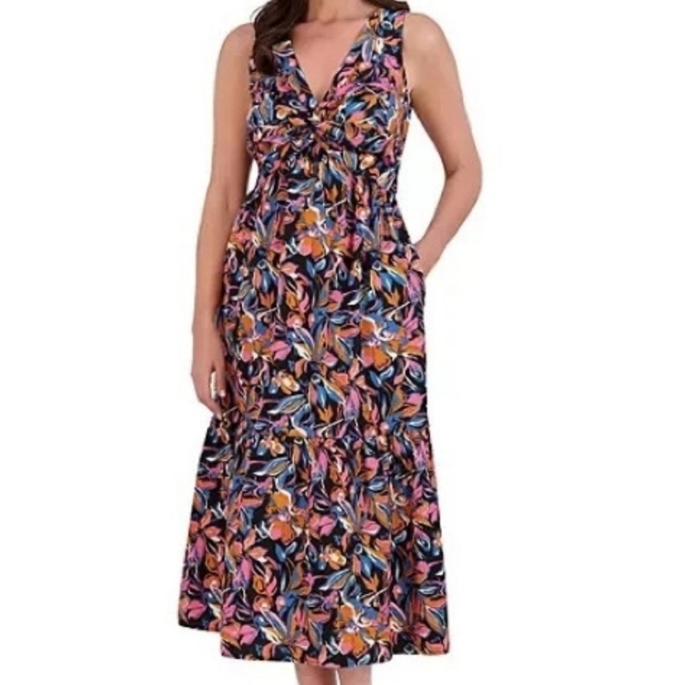 French Connection Black Floral Twist Front Cotton Pocket Maxi Dress NEW